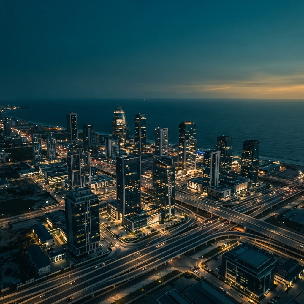 A modern African city skyline at dusk